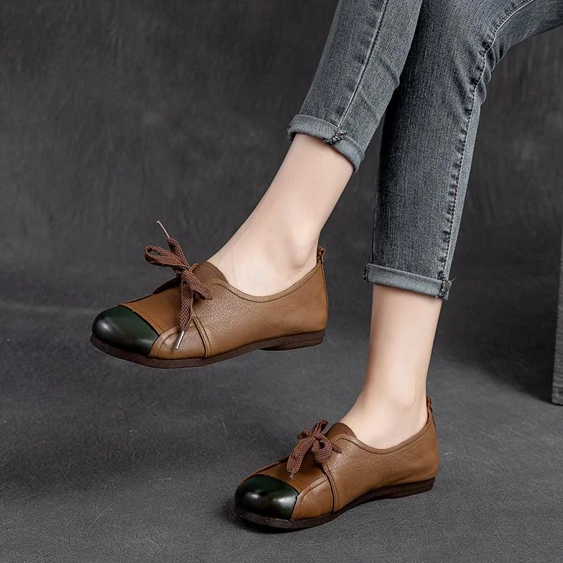 Flats Women Shoes Mixed Colors Genuine Leather Lace-Up Retro Round Toe Shallow Concise Handmade Ladies Shoes