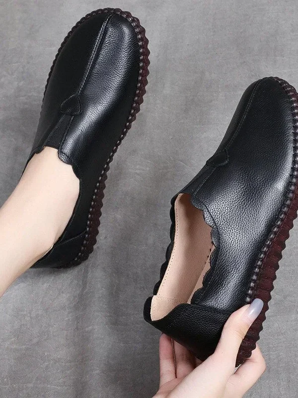 Genuine Leather Retro Shoes for Women Slip On Flats Ladies Casual Soft Loafers Female Spring Solid Driving Footwear