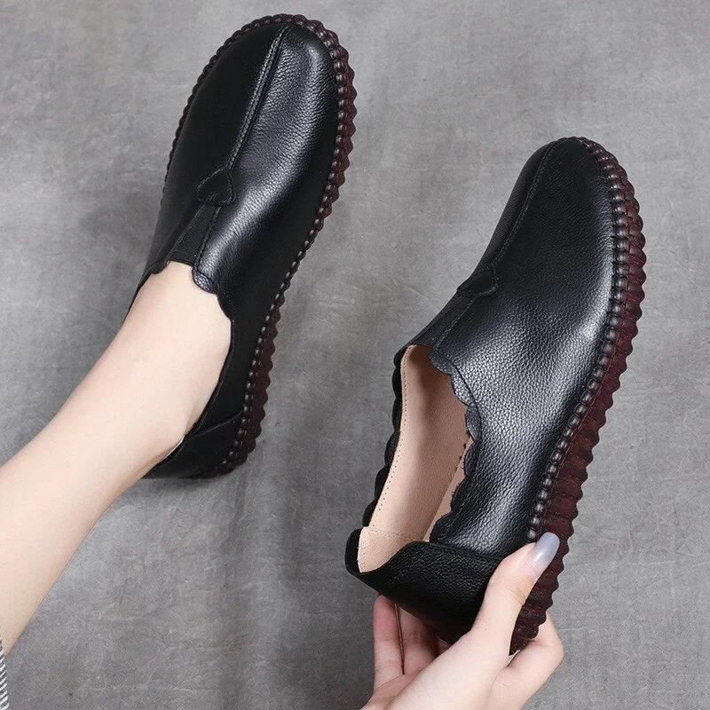 Genuine Leather Retro Shoes for Women Slip On Flats Ladies Casual Soft Loafers Female Spring Solid Driving Footwear