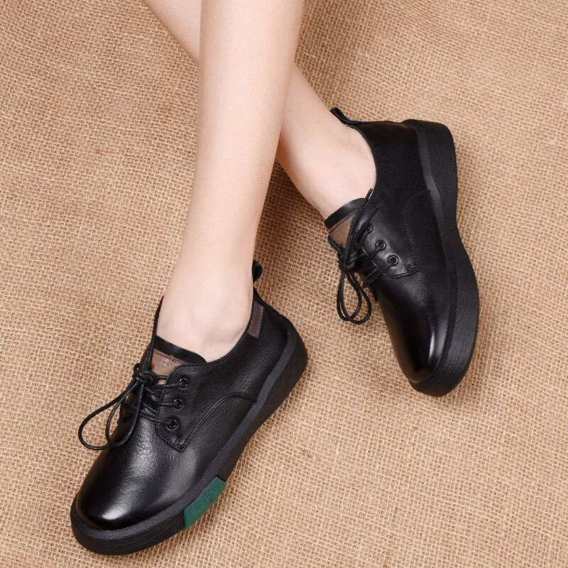 Sneakers Women Genuine Cow Leather Round Toe Lace-Up Ladies Retro Casual Flat Shoes Handmade Loafers - Image 10