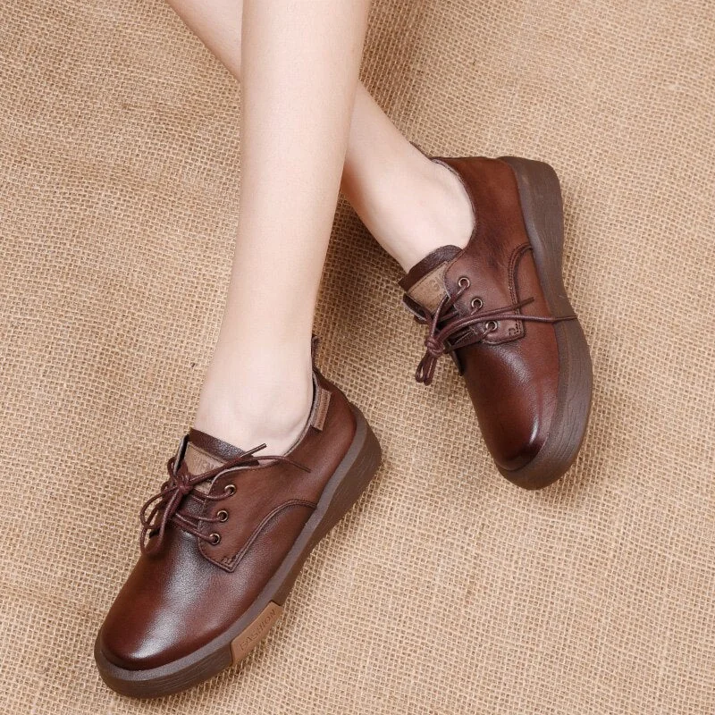 Sneakers Women Genuine Cow Leather Round Toe Lace-Up Ladies Retro Casual Flat Shoes Handmade Loafers - Image 11