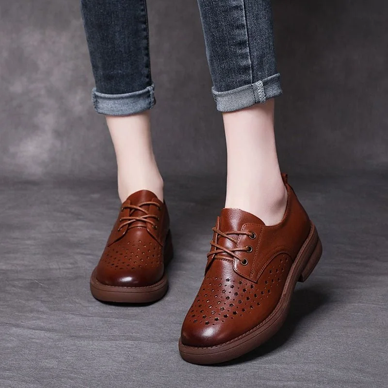 Women Flat Shoes Lace Up Moccasins Soft Genuine Leather Ladies Shoes Handmade Flats Hollow Casual Women Shoes - Image 3