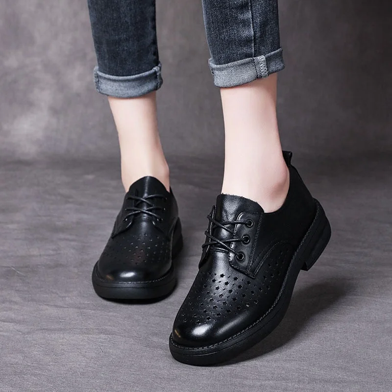 Women Flat Shoes Lace Up Moccasins Soft Genuine Leather Ladies Shoes Handmade Flats Hollow Casual Women Shoes - Image 2