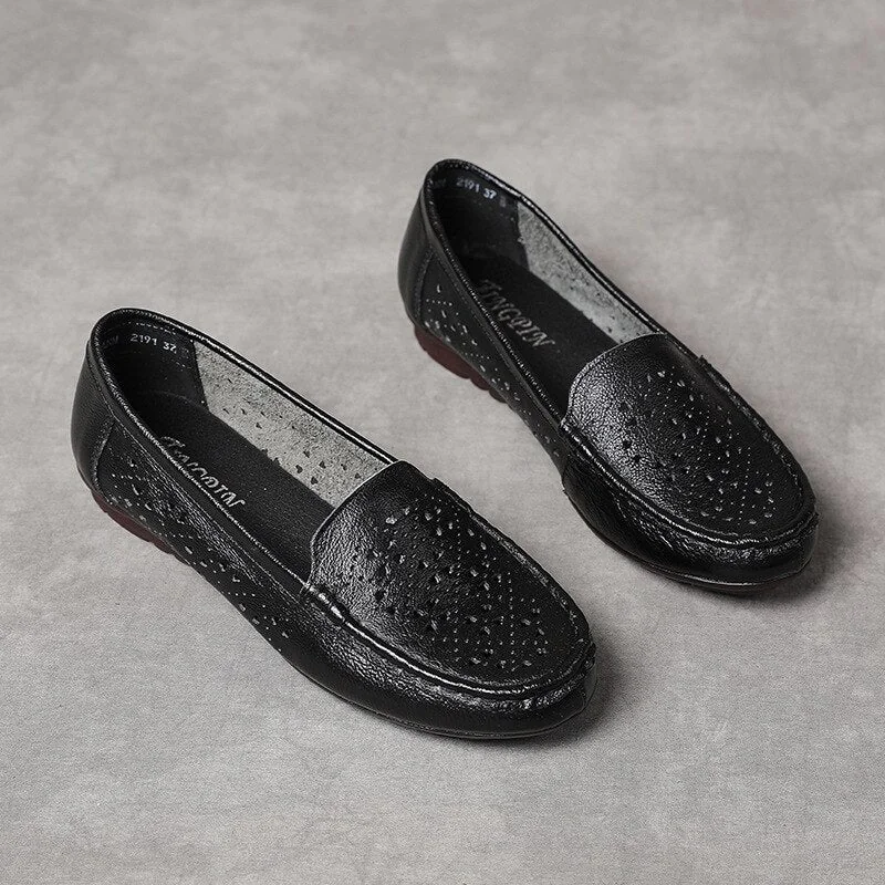 Women Flats Summer Women Genuine Leather Shoes Hollow Slip On Casual Flat Shoes Women Loafers Soft Nurse Ballerina Shoes - Image 4