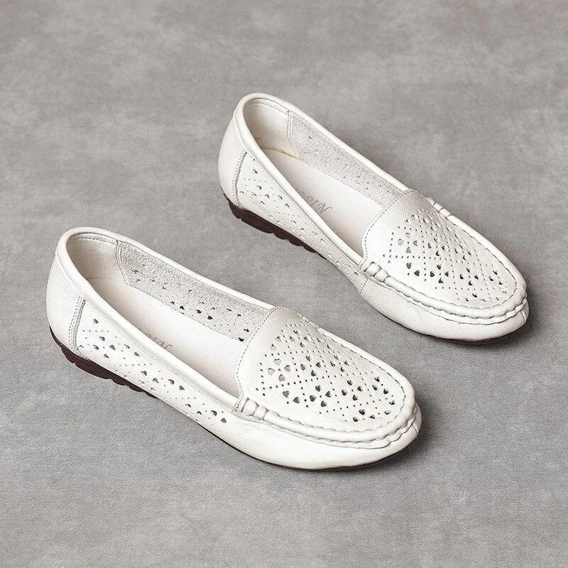 Women Flats Summer Women Genuine Leather Shoes Hollow Slip On Casual Flat Shoes Women Loafers Soft Nurse Ballerina Shoes - Image 5
