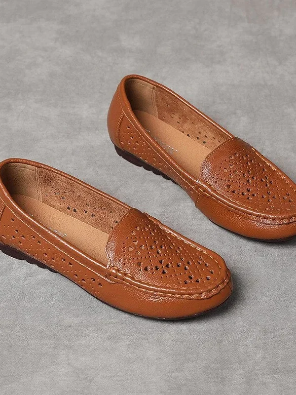 Women Flats Summer Women Genuine Leather Shoes Hollow Slip On Casual Flat Shoes Women Loafers Soft Nurse Ballerina Shoes