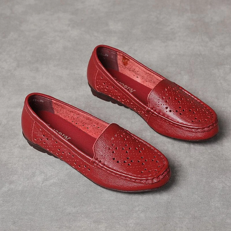 Women Flats Summer Women Genuine Leather Shoes Hollow Slip On Casual Flat Shoes Women Loafers Soft Nurse Ballerina Shoes - Image 6