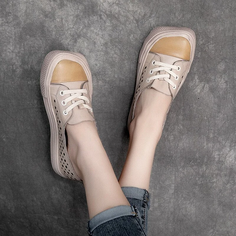 Women Sneakers Genuine Leather Lace-Up Hollow Handmade Platform Shoes - Image 4