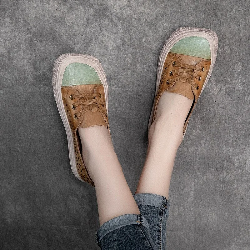 Women Sneakers Genuine Leather Lace-Up Hollow Handmade Platform Shoes - Image 3
