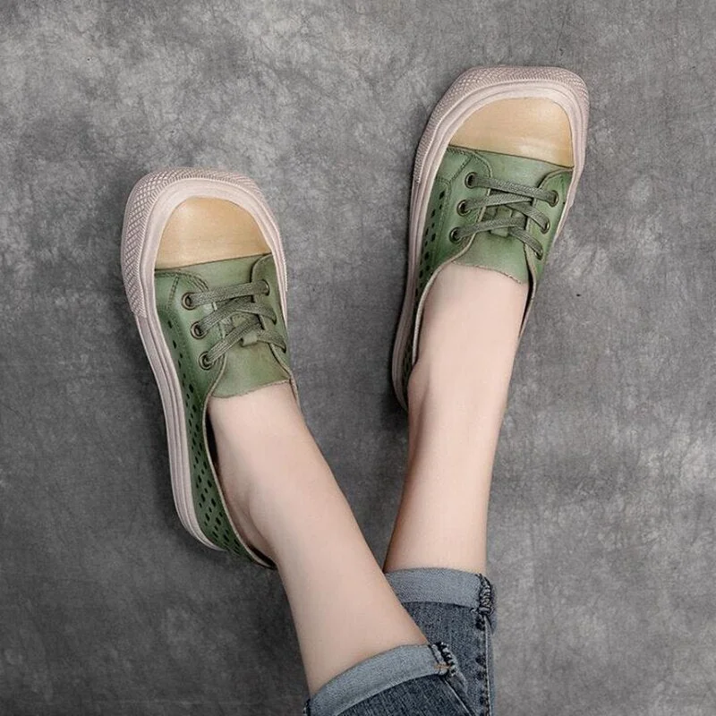 Women Sneakers Genuine Leather Lace-Up Hollow Handmade Platform Shoes - Image 12