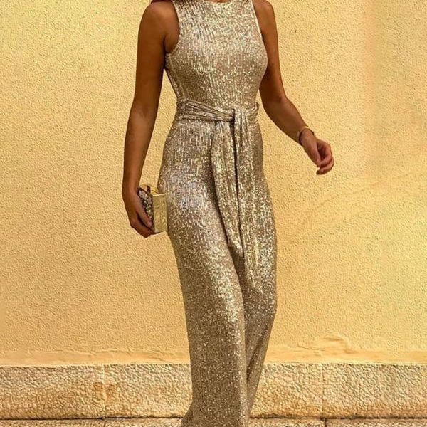 Glitter Round Neck Sleeveless Backless Sequins Jumpsuit for Women Wide Leg Pants Long Jumpsuit Club Outfits Overalls - Takalr