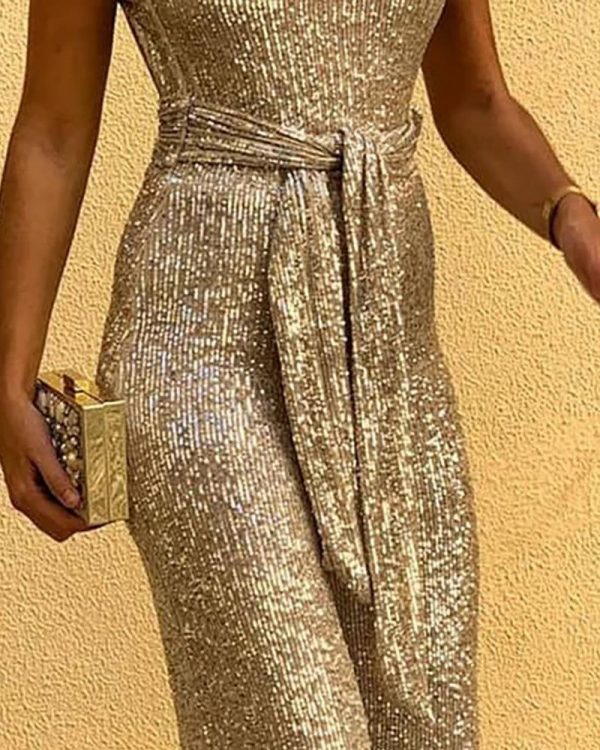 Glitter Round Neck Sleeveless Backless Sequins Jumpsuit for Women Wide Leg Pants Long Jumpsuit Club Outfits Overalls - Takalr