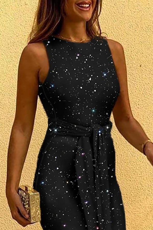 Glitter Round Neck Sleeveless Wide Leg Jumpsuit - Takalr