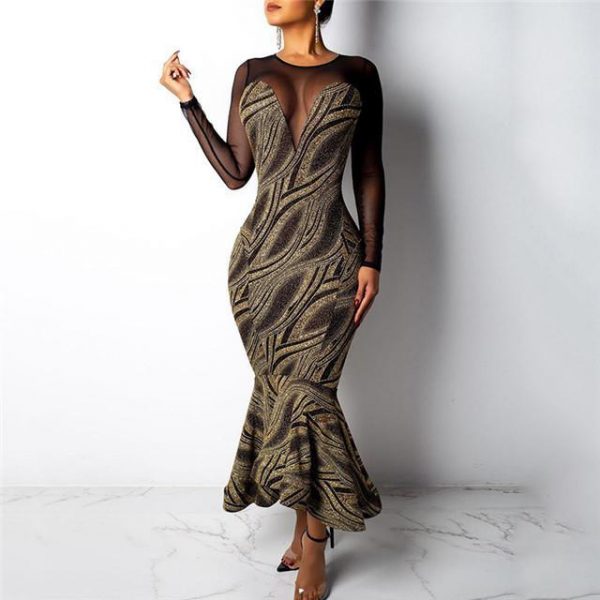 Glitter Sheer Mesh Ruffles Design Dress Women Long Sleeve Bodycon Mermaid Dress Vintage Sashes Midi Dresses Vestidos femme - Takalr