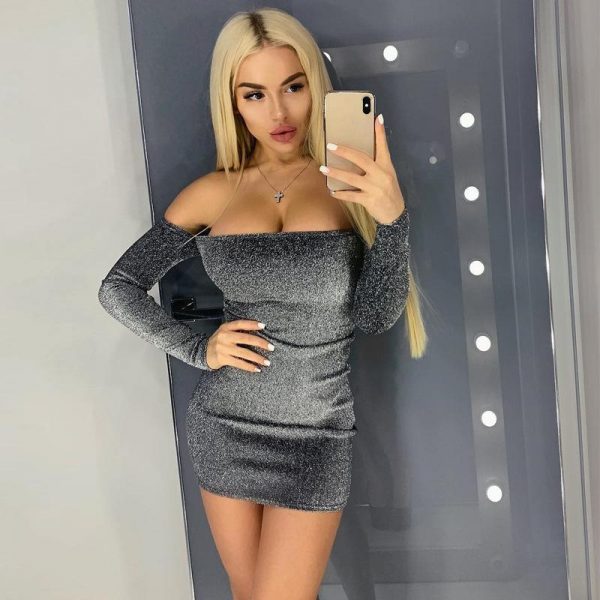 Glitter bodycon dress women Off shoulder long sleeve summer dresses Night club sexy party dress Glittering skinny vestidos - Takalr