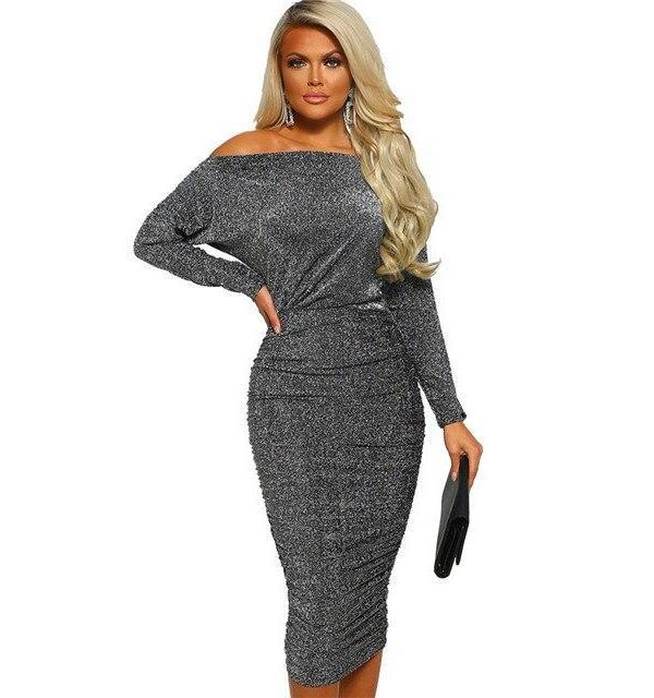 Glitter long sleeve party dress Women high waist back ruched bodycon dresses club off shoulder party dress Winter vestidos - Takalr