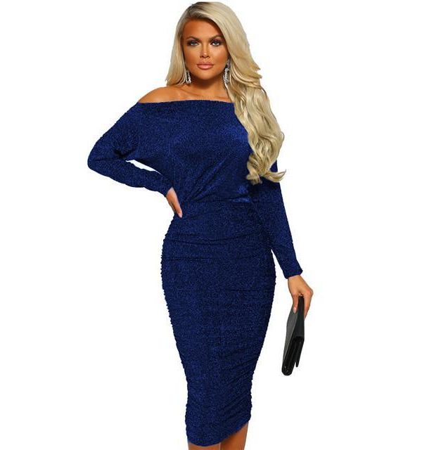 Glitter long sleeve party dress Women high waist back ruched bodycon dresses club off shoulder party dress Winter vestidos - Takalr