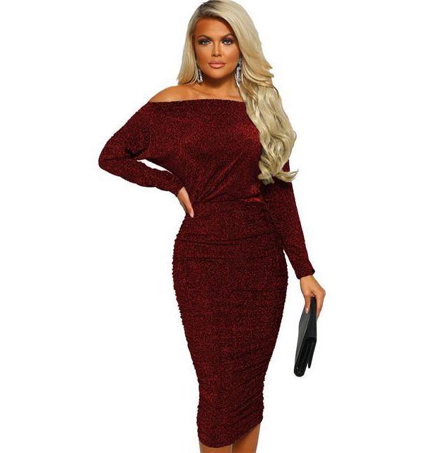 Glitter long sleeve party dress Women high waist back ruched bodycon dresses club off shoulder party dress Winter vestidos - Takalr