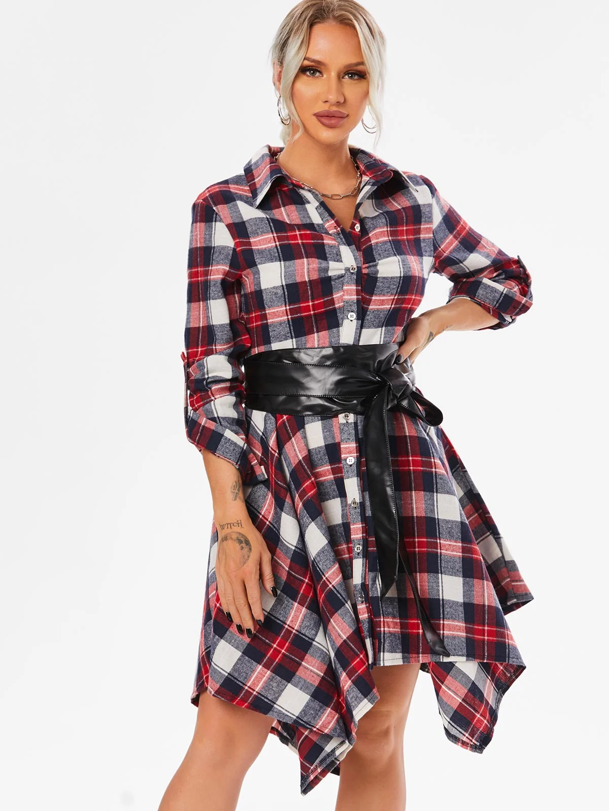 Handkerchief Dress Fashion Plaid Print Button Up Long Sleeve Shirt Dress Fall Clothes for Women Casual Short Dresses - Image 13