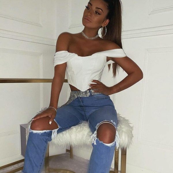 Cryptographic PU leather Sexy Bustier Corset Top Off Shoulder Chiffon White Strapless Female Top Cropped Tops Women Clothes - Takalr