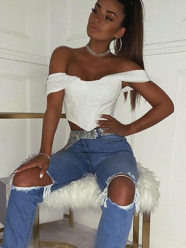 Cryptographic PU leather Sexy Bustier Corset Top Off Shoulder Chiffon White Strapless Female Top Cropped Tops Women Clothes - Takalr