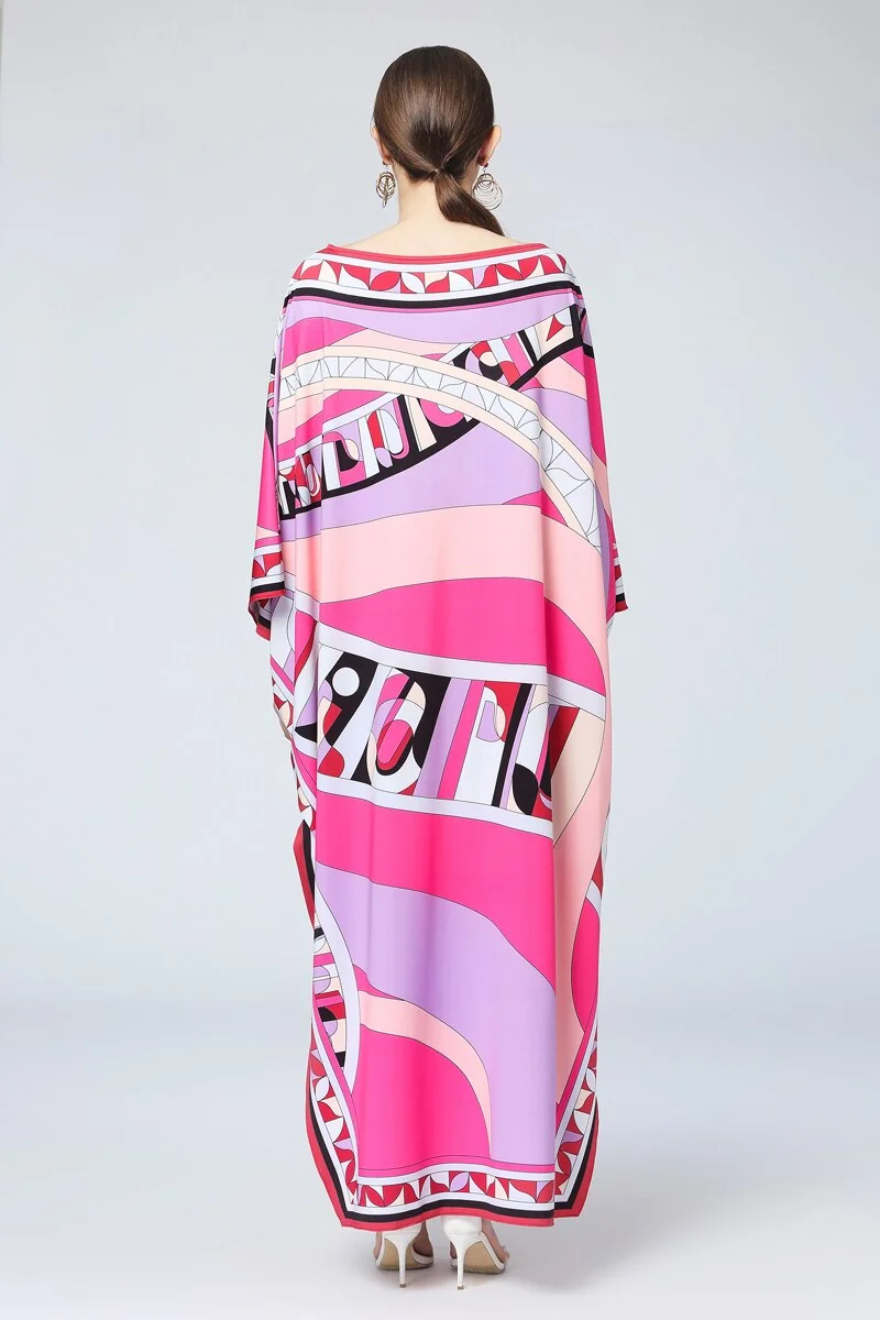 Women's Runway Loose Design Dresses Slash Neckline Batwing Sleeves Multicolor Printed Elegant High Street Maxi Dresses - Image 8