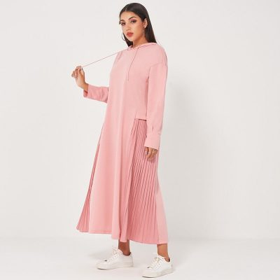 College Style Casual Pullover Hooded Loose Pleated Stitching Solid Color Mid-length Sweater Dress