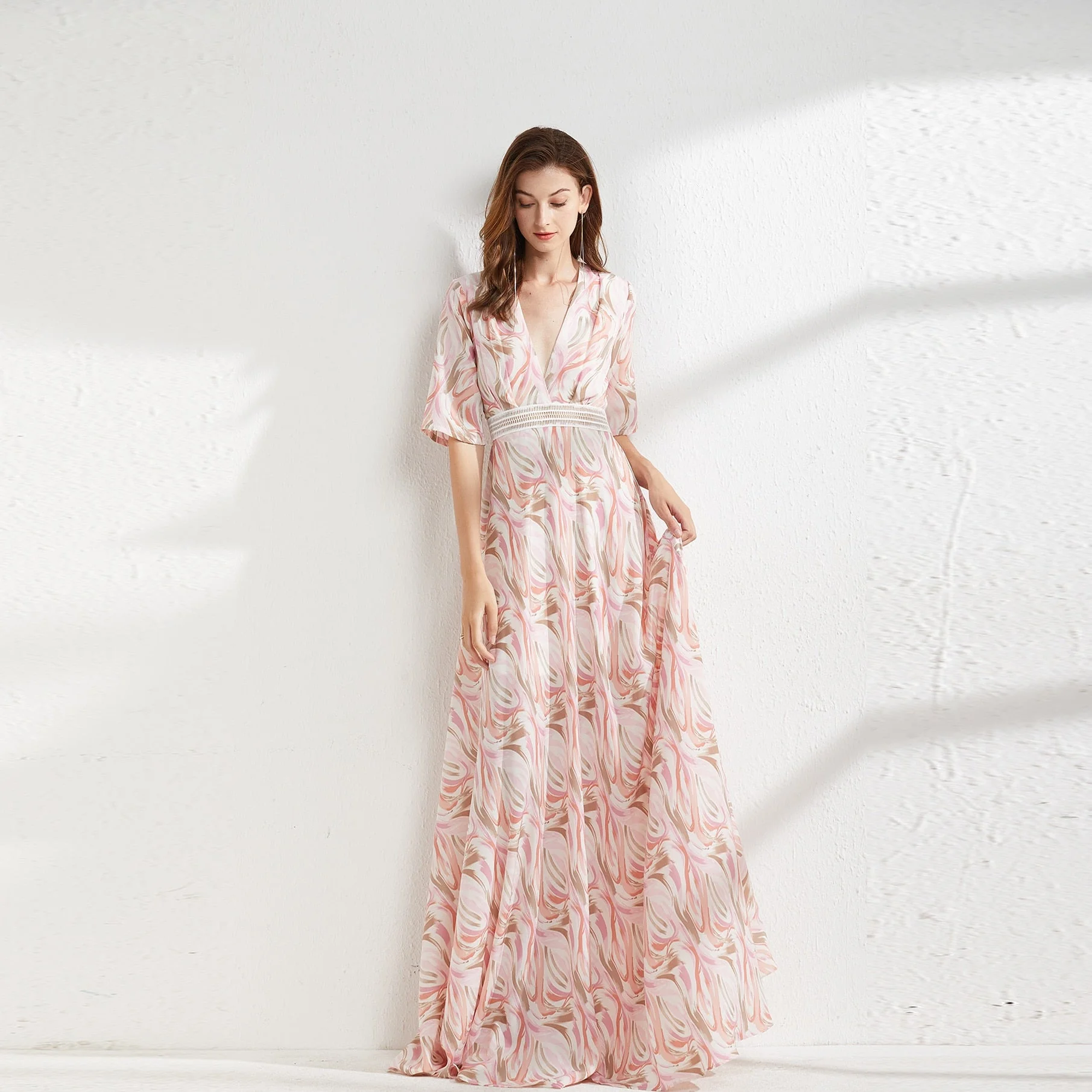 Women's Runway Dresses Sexy V Neck Short Sleeves Printed Elegant Summer Long Floor Length Dress Party Prom