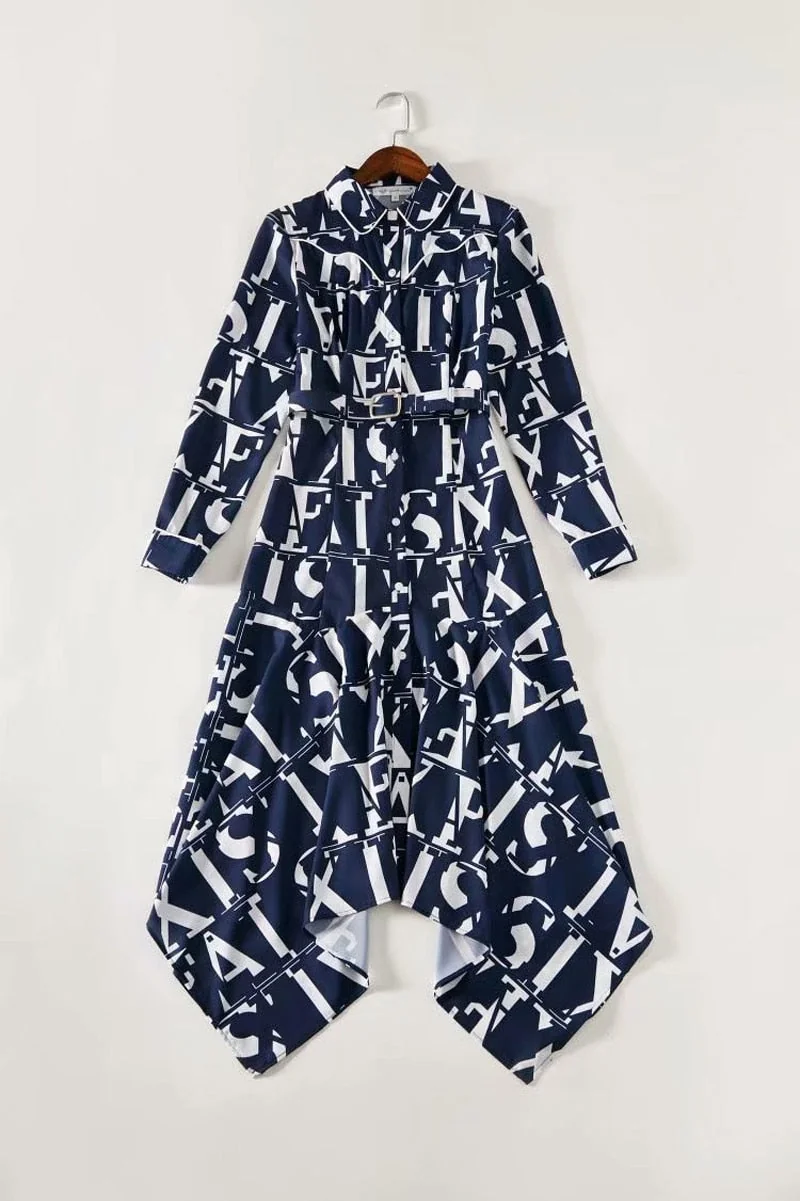 Women's Runway Dresses Turn Down Collar Long Sleeves Letters Printed Asymmetrical High Street Fashion Dress - Image 4