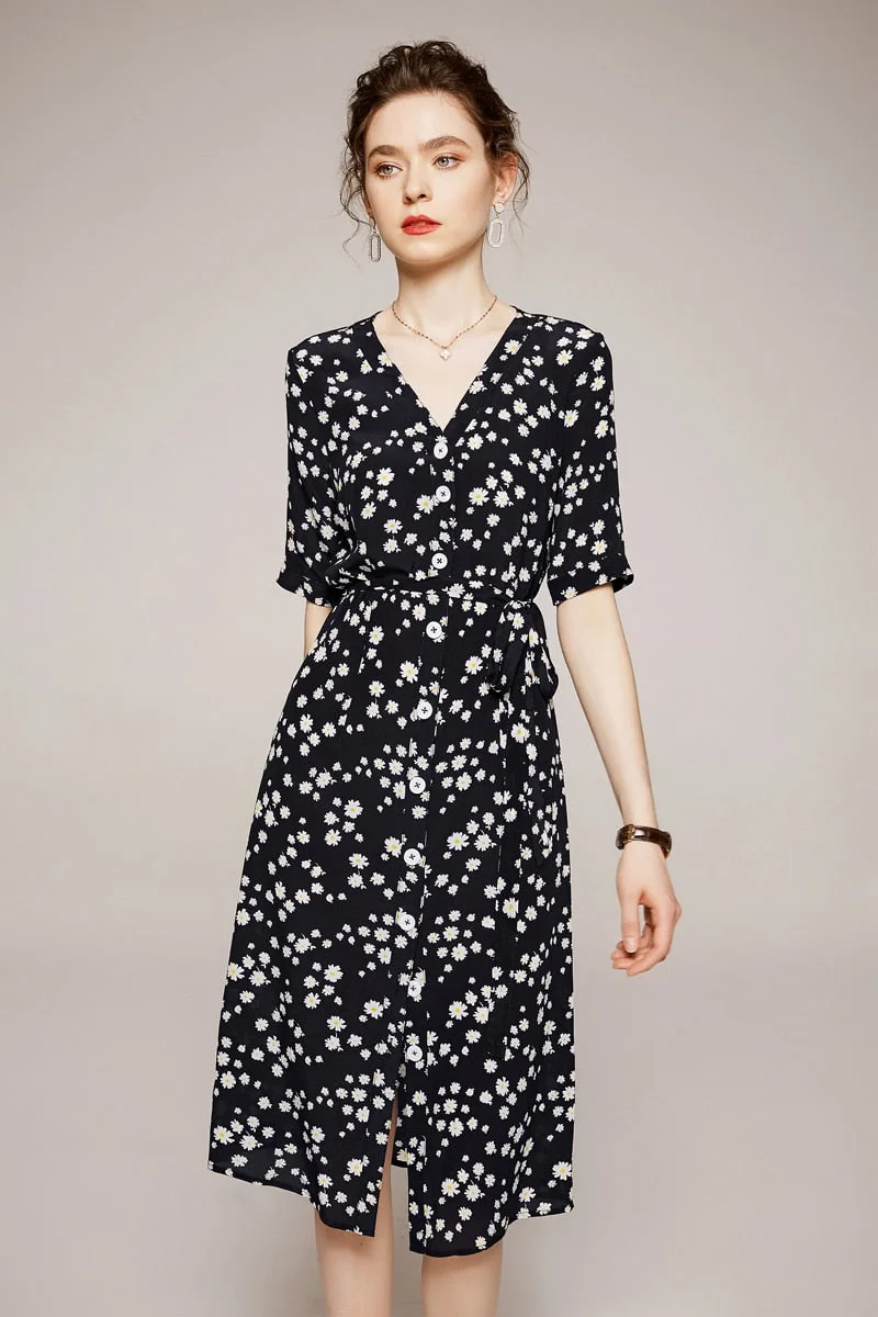 100% Silk Women's Runway Dress Sexy V Neck Short Sleeves Floral Printed Lace Up Fashion Casual Summer Dresses - Image 6