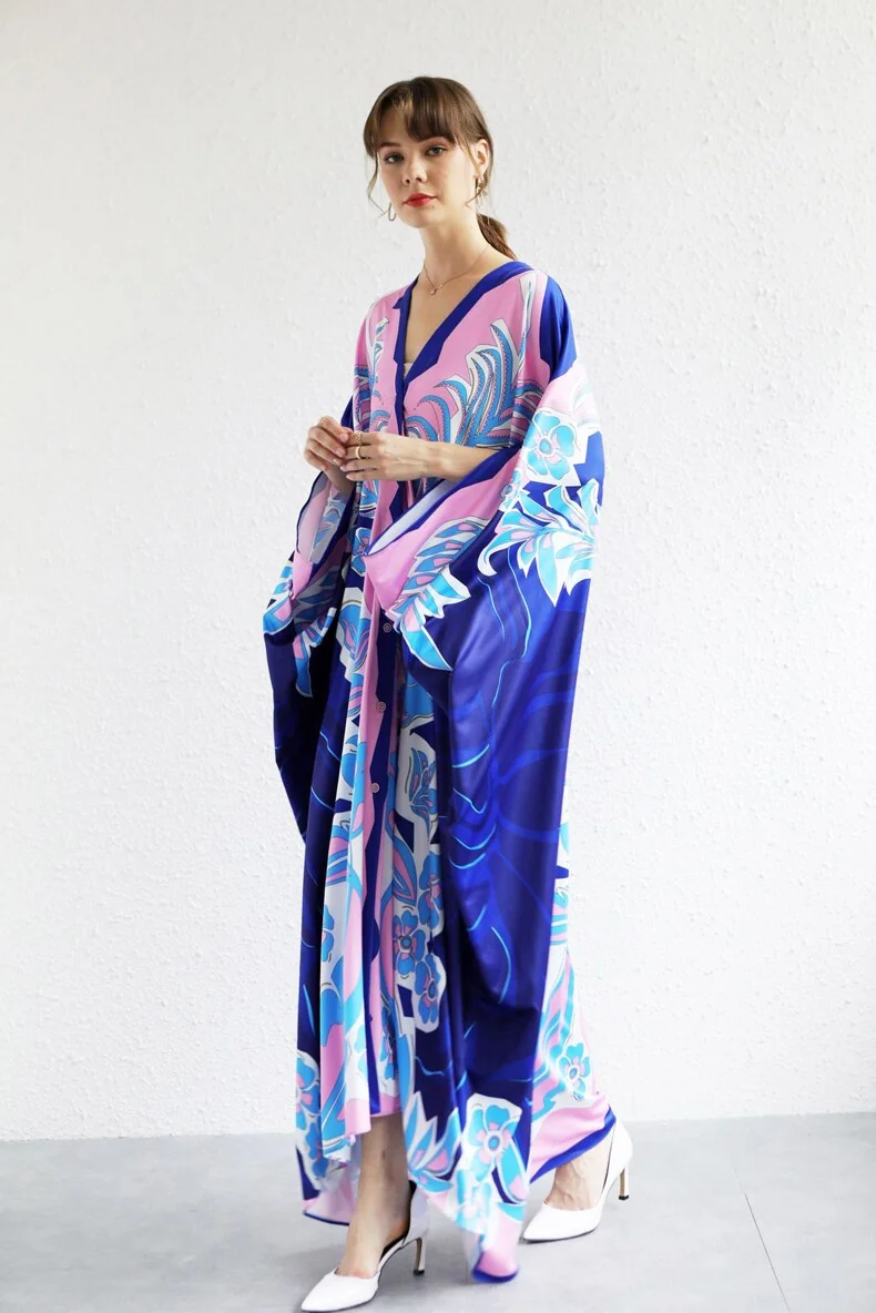 Women's Runway Dresses Sexy V Neck Batwing Sleeves Picked Up Printed Elegant Loose Design Fashion Casual Robes Maxi Dresses - Image 2