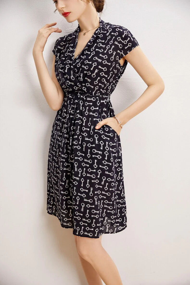 100% Silk Women's Dresses V Neck Short Sleeves Printed Side Pockets Fashion Summer Dress Vestidos - Image 2