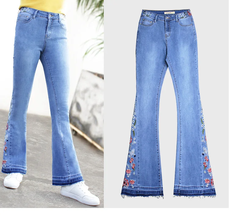 Denim Embroidered Flared Pants Women Mid Waist Jeans Wowens Embroidery Trousers - Image 4