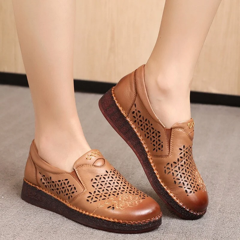 Spring Summer Slip On Women Shoes Hollow Breathable Genuine Leather Moccasins Flats Shoes Female - Image 9