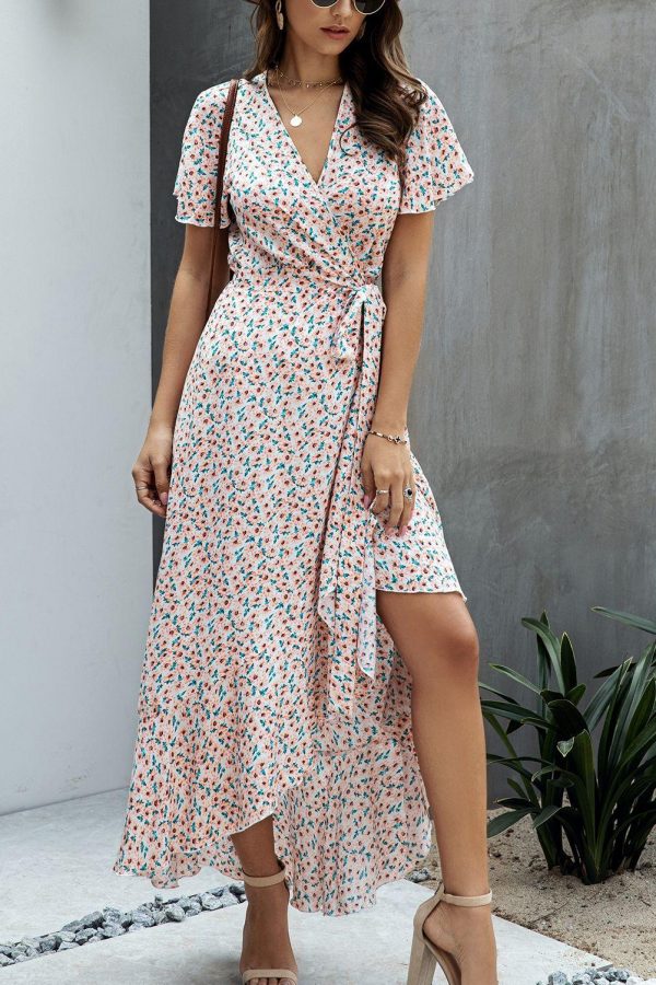 Summer Maxi Dress Women Polka Dot Sexy V Neck Ruffles Short Sleeve Holiday Long Beach Sundress Ladies Lace Up Wrap Party Dresses - Takalr