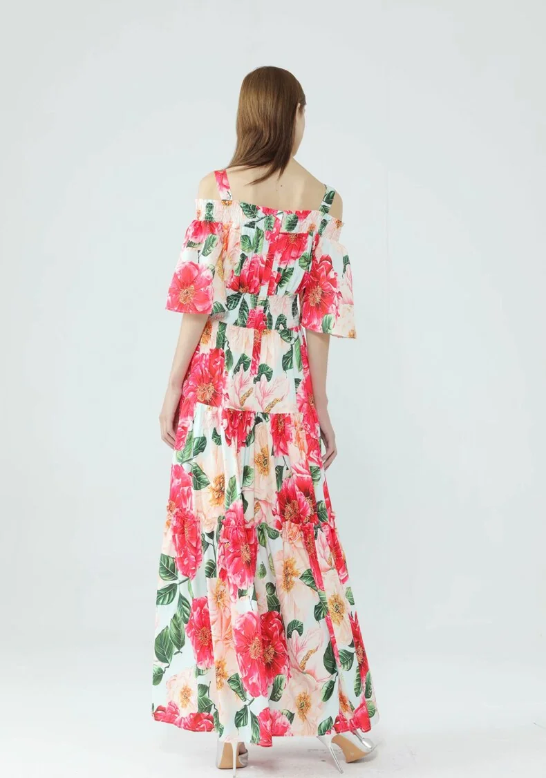 Women's Runway Dresses Spaghetti Straps Slash Neckline Floral Printed Tiered Ruffles Elegant Long Maxi Dresses - Image 7