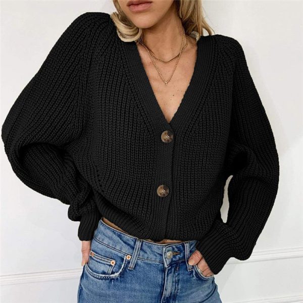 Women Solid Casual Sweater Oversize V Neck Knitted Cardigans 2020 Autumn Warm Loose Lantern Sleeve Single Row Button Female Coat - Takalr