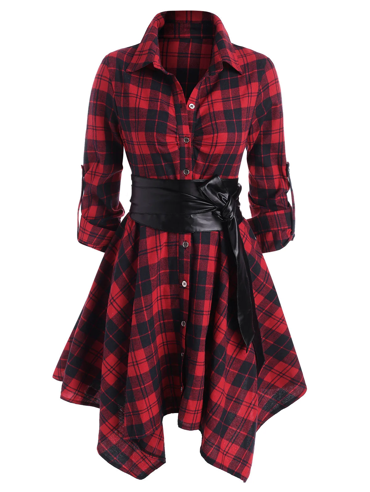 Handkerchief Dress Fashion Plaid Print Button Up Long Sleeve Shirt Dress Fall Clothes for Women Casual Short Dresses - Image 25
