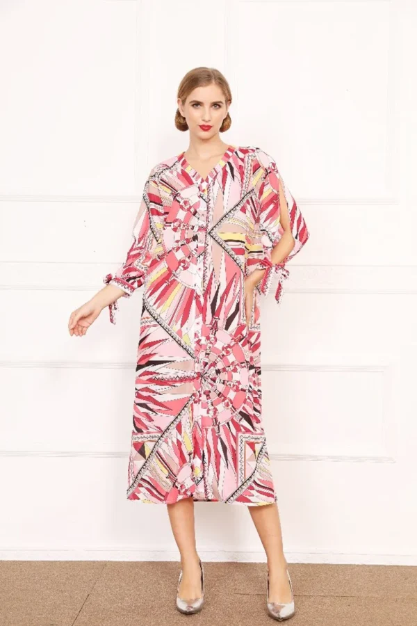Women's Runway Designer Dresses V Neck Lace Up Bow Printed Loose Design Fashion Casual Mid Calf Dresses