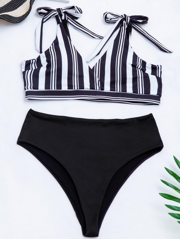 High Waist Bikinis Swimsuits 2021 Swimwear Women Top Wrap Biquini Beachwear Strap Bow Bathing Suits Striped Bikini Set - Takalr