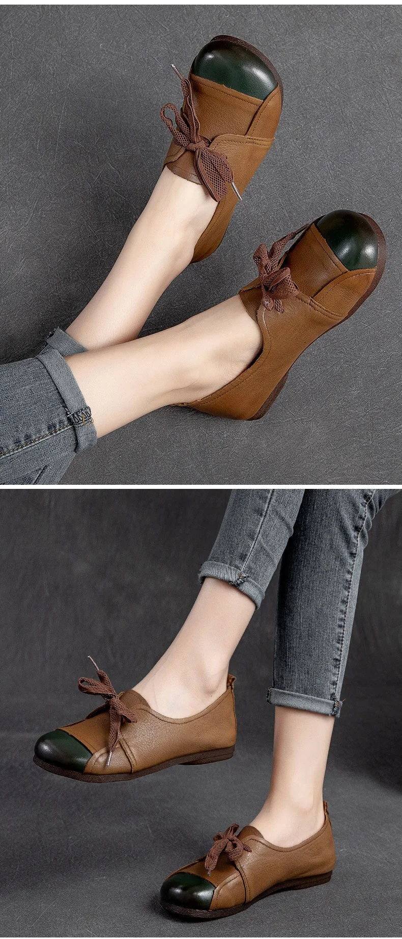 Flats Women Shoes Mixed Colors Genuine Leather Lace-Up Retro Round Toe Shallow Concise Handmade Ladies Shoes - Image 7
