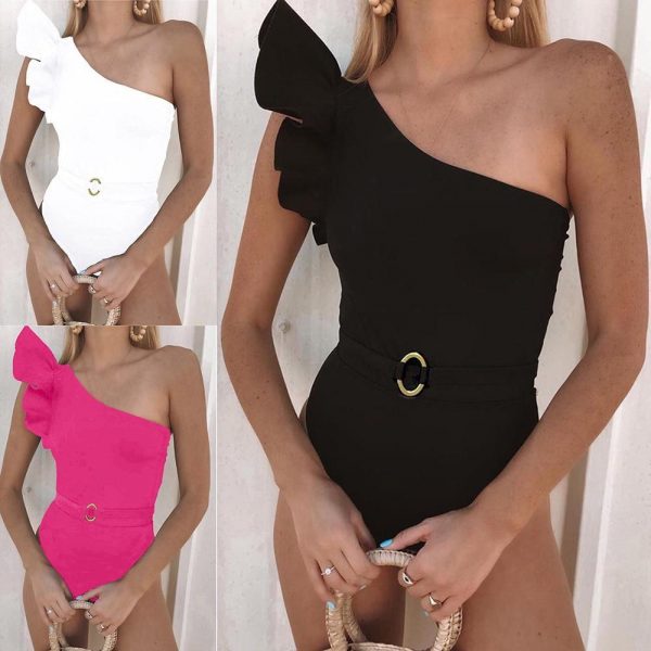 Sexy Solid Color Swimwear Women 2021New Arrival One The Shoulder Ruffles One Piece Swimsuit With Belt Backless Monokini - Takalr