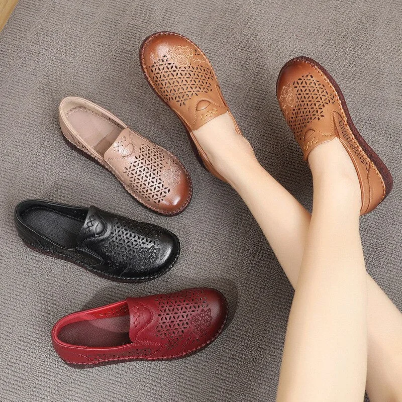 Spring Summer Slip On Women Shoes Hollow Breathable Genuine Leather Moccasins Flats Shoes Female - Image 6