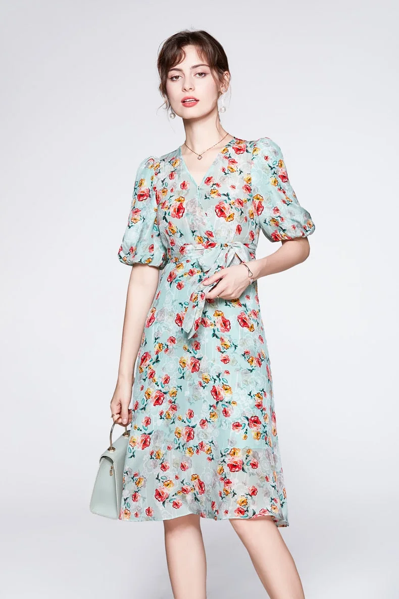 100% Silk Women's Dresses V Neck Short Sleeves Printed Sash Belt Fashion Summer Dress Vestidos - Image 2