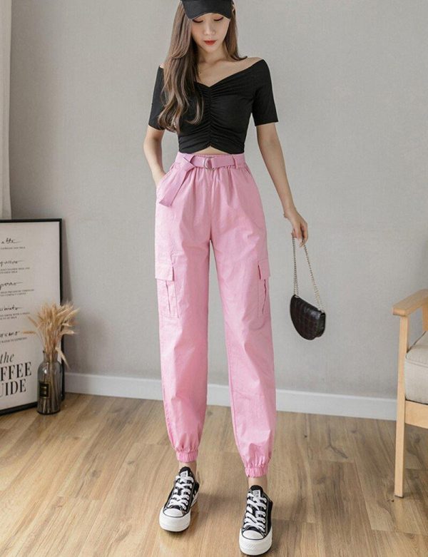 High Waist  Women's Looses Cargo Pants With belt nine-point harem pants Colorfur  high waist pants sashes pockets office pants - Takalr