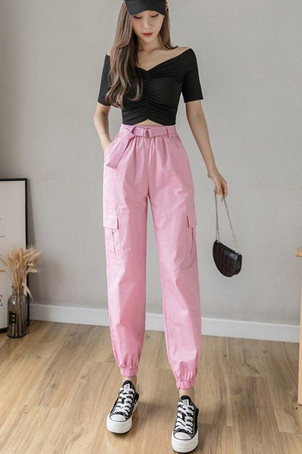 High Waist  Women's Looses Cargo Pants With belt nine-point harem pants Colorfur  high waist pants sashes pockets office pants - Takalr