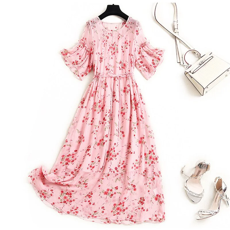 100% Natural Silk Women's Dresses O Neck Short Sleeves Printed Lace Up Elegant Summer Dress Vesitdos