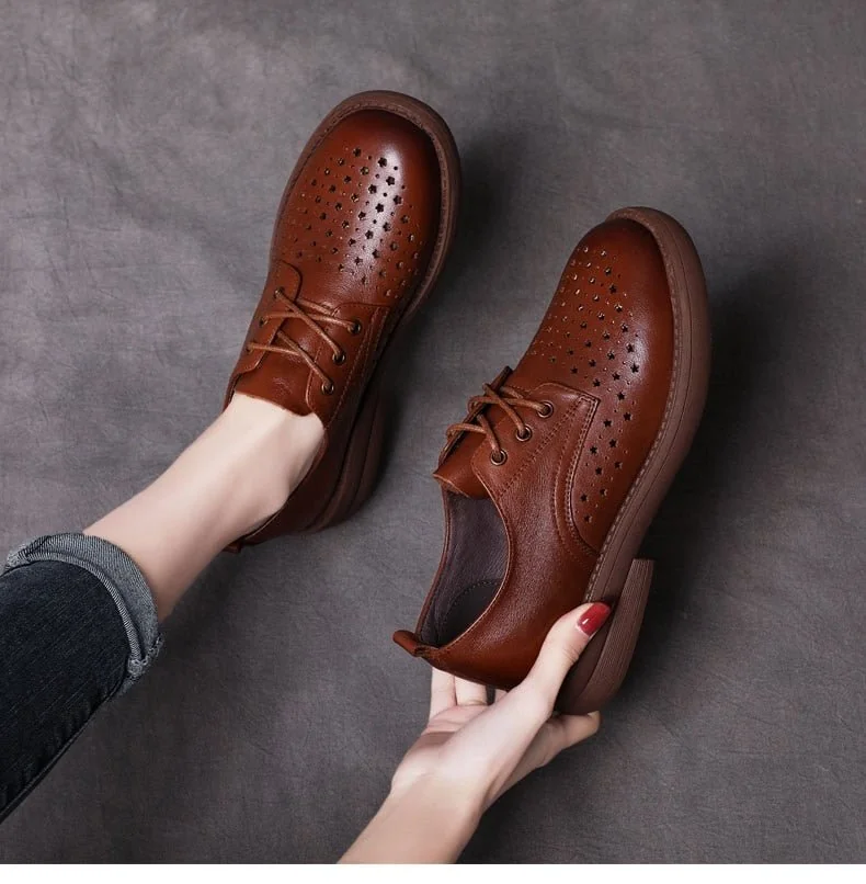 Women Flat Shoes Lace Up Moccasins Soft Genuine Leather Ladies Shoes Handmade Flats Hollow Casual Women Shoes - Image 15