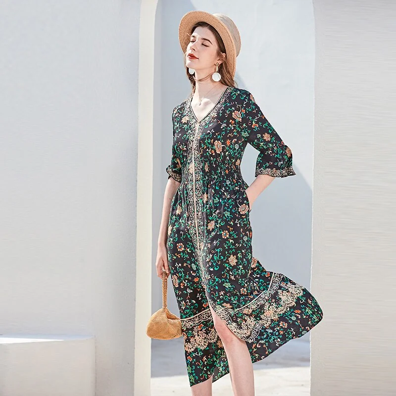 100% Silk Women's Runway Dresses Sexy V Neck 3/4 Flare Sleeves Floral Printed Fashion Mid Summer Dresses - Image 4