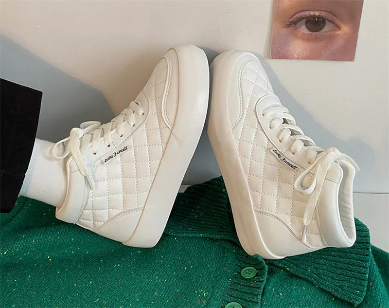 Women Shoes Autumn White PU Leather Sneakers Fashion Platform Sport Shoes Plaid Lace-up Casual Comfy Ankle Boots - Image 8